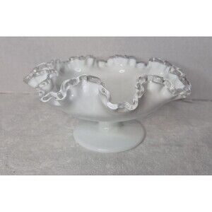 Vintage Fenton Silver Crest Ruffled Edge Candy Bowl Dish Milk Glass on Pedestal